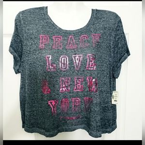 Aeropostale Crop Top, Peace Love & New York, Shimmery Graphic Design, Large NWT